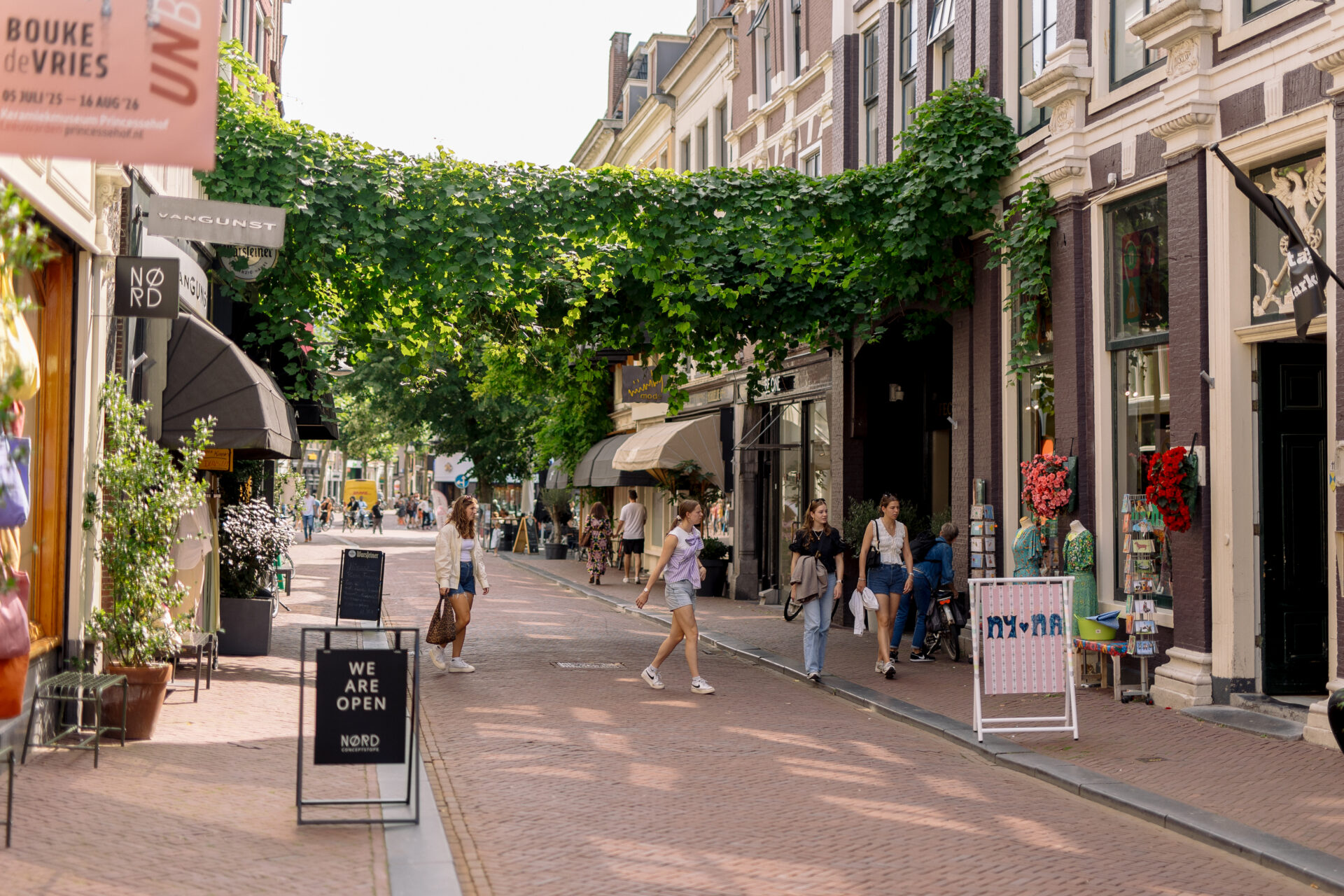 Zonnige foto van de Sint Jacobsstraat, overgroeid met wijnranken.